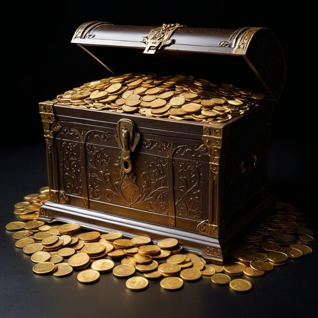 A hidden treasure chest overflowing with gold coins, DVDs, and exclusive content, surrounded by dim, seductive lighting. The backdrop features alluring silhouettes of various adult-themed items artfully arranged, hinting at secrets yet to be discovered. A mysterious key lies next to the chest, inviting the viewer to uncover the secrets inside. The overall scene exudes a sense of intrigue and allure. super-realistic. vibrant colors. dark background.