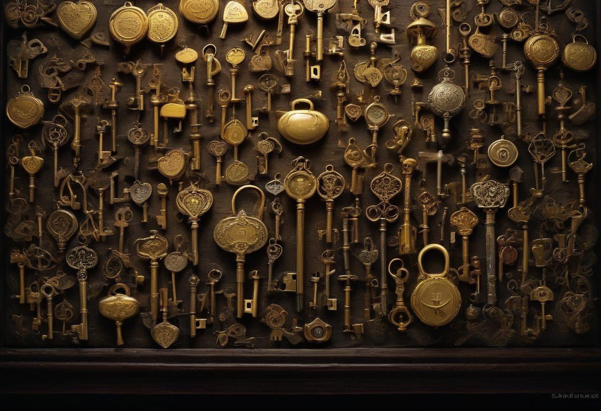 A visually captivating treasure trove overflowing with gold coins, vintage locks, and intricate keys, symbolizing hidden adult content. In the background, soft dim lighting creates an alluring, mysterious ambiance with silhouettes of playful and elegant figures. Add whimsical elements such as playful hearts and subtle hints of diverse genres represented creatively. super-realistic. vibrant colors. moody atmosphere.